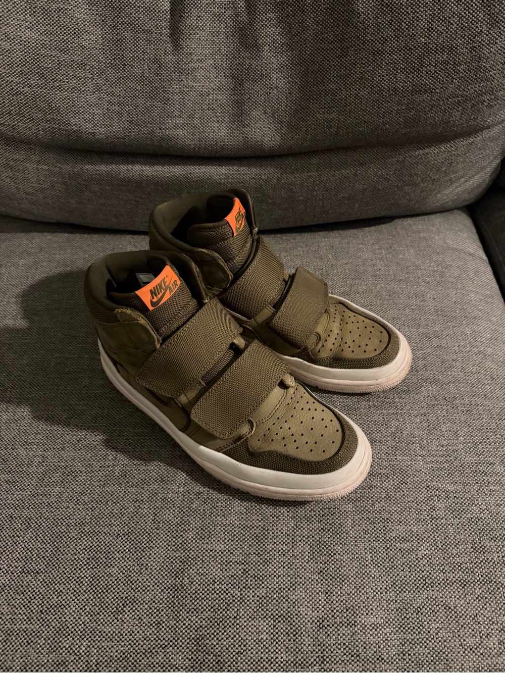 Jordan 1 Retro Olive Green High-Top Strap Sneakers with Orange Logo